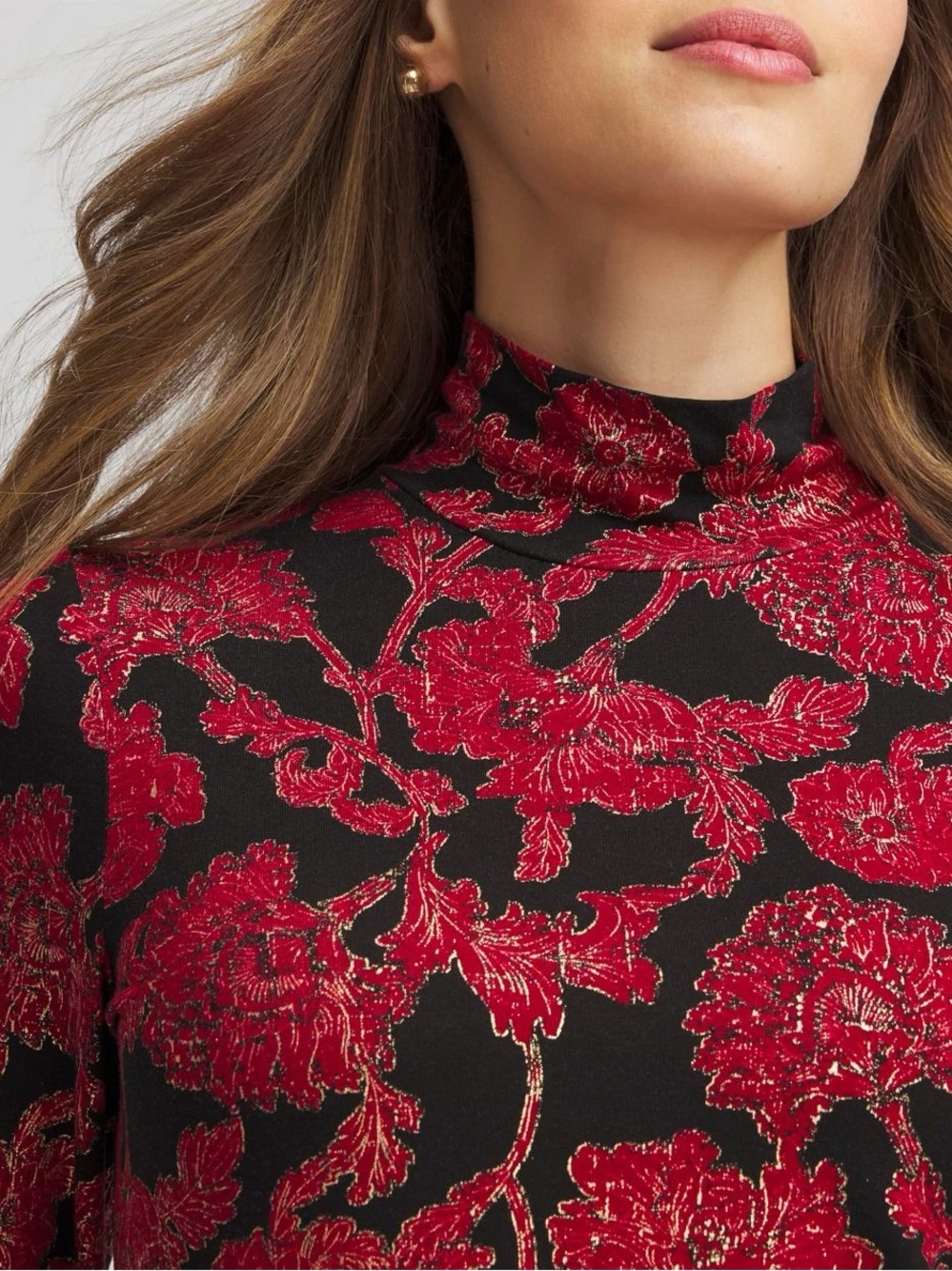 NWT Chico's 2 Touch Of Cool Carmine Red Floral Mock Neck Top US Size L - Picture 3 of 10